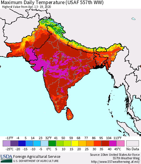 Southern Asia Maximum Daily Temperature (USAF 557th WW) Thematic Map For 4/13/2020 - 4/19/2020