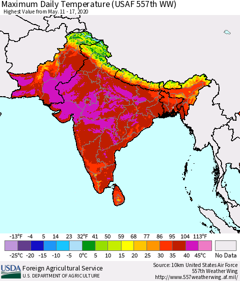 Southern Asia Maximum Daily Temperature (USAF 557th WW) Thematic Map For 5/11/2020 - 5/17/2020