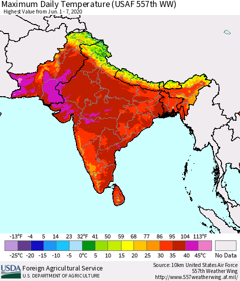 Southern Asia Maximum Daily Temperature (USAF 557th WW) Thematic Map For 6/1/2020 - 6/7/2020