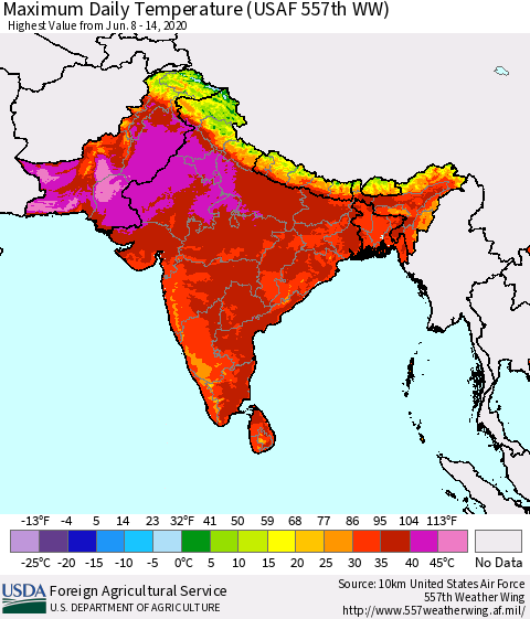 Southern Asia Maximum Daily Temperature (USAF 557th WW) Thematic Map For 6/8/2020 - 6/14/2020