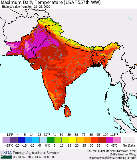 Southern Asia Extreme Maximum Temperature (USAF 557th WW) Thematic Map For 6/22/2020 - 6/28/2020