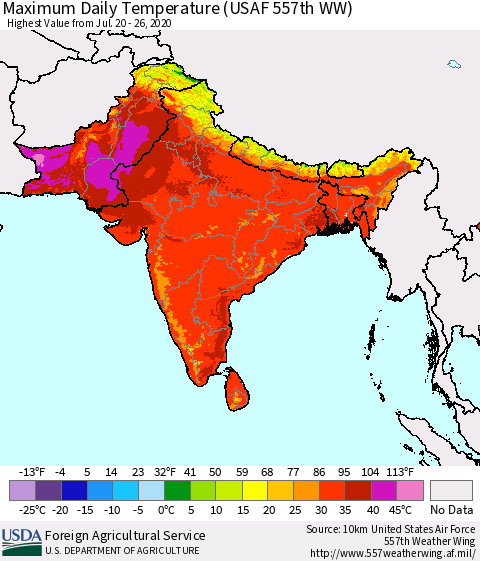 Southern Asia Maximum Daily Temperature (USAF 557th WW) Thematic Map For 7/20/2020 - 7/26/2020