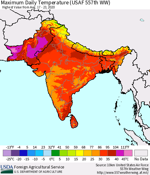 Southern Asia Maximum Daily Temperature (USAF 557th WW) Thematic Map For 8/17/2020 - 8/23/2020