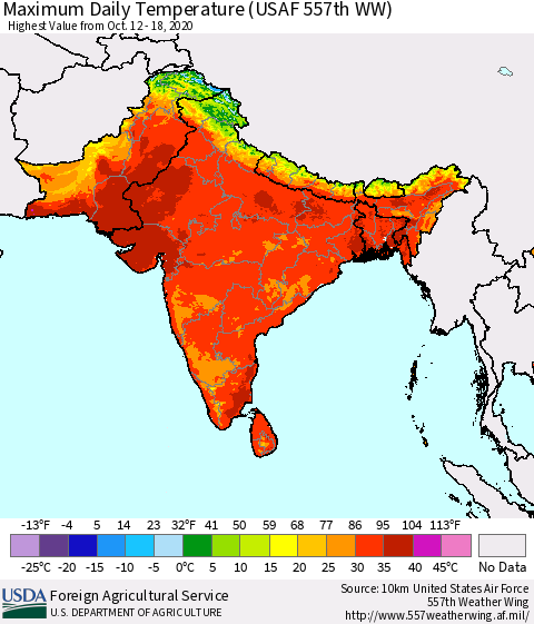 Southern Asia Maximum Daily Temperature (USAF 557th WW) Thematic Map For 10/12/2020 - 10/18/2020