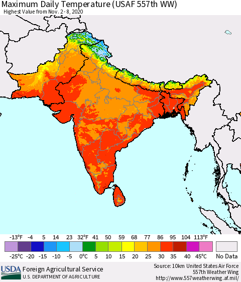 Southern Asia Maximum Daily Temperature (USAF 557th WW) Thematic Map For 11/2/2020 - 11/8/2020