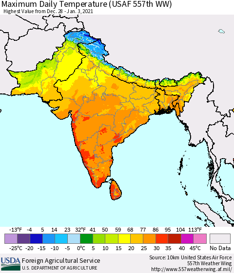 Southern Asia Maximum Daily Temperature (USAF 557th WW) Thematic Map For 12/28/2020 - 1/3/2021