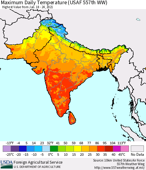 Southern Asia Maximum Daily Temperature (USAF 557th WW) Thematic Map For 1/18/2021 - 1/24/2021