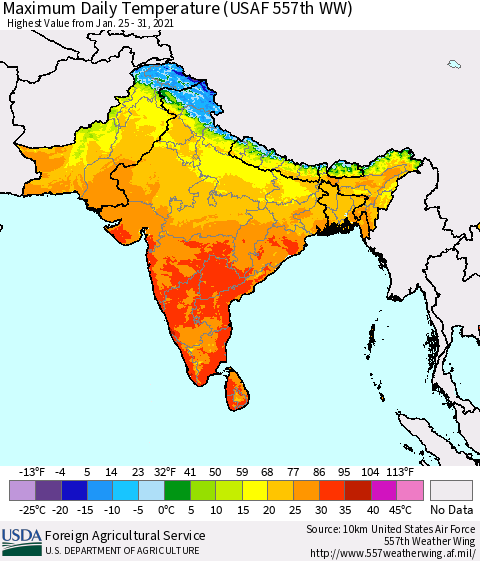 Southern Asia Maximum Daily Temperature (USAF 557th WW) Thematic Map For 1/25/2021 - 1/31/2021