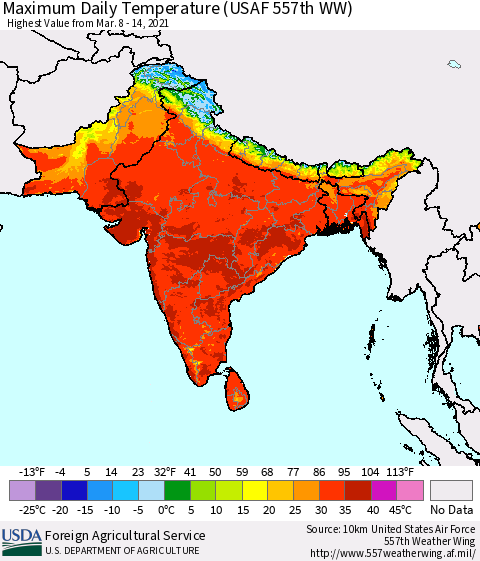 Southern Asia Maximum Daily Temperature (USAF 557th WW) Thematic Map For 3/8/2021 - 3/14/2021