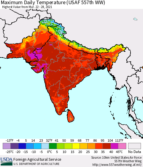 Southern Asia Maximum Daily Temperature (USAF 557th WW) Thematic Map For 3/22/2021 - 3/28/2021