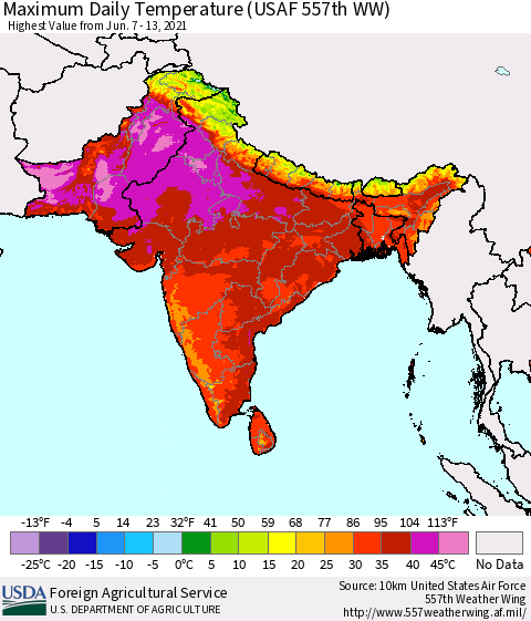 Southern Asia Maximum Daily Temperature (USAF 557th WW) Thematic Map For 6/7/2021 - 6/13/2021