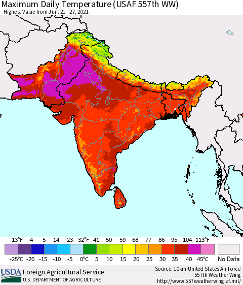 Southern Asia Maximum Daily Temperature (USAF 557th WW) Thematic Map For 6/21/2021 - 6/27/2021