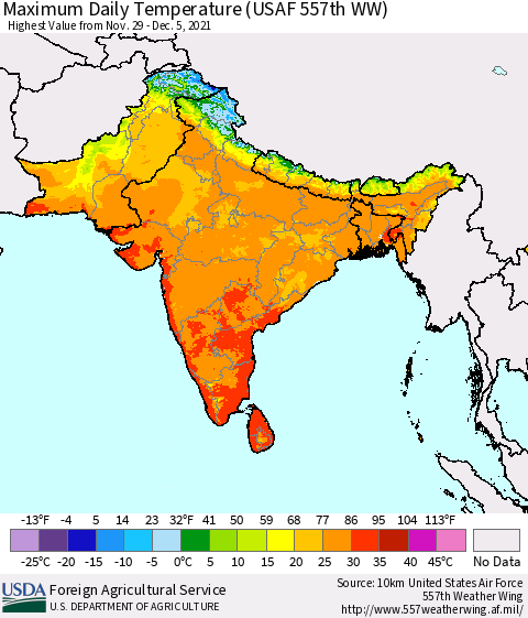 Southern Asia Extreme Maximum Temperature (USAF 557th WW) Thematic Map For 11/29/2021 - 12/5/2021