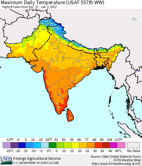 Southern Asia Extreme Maximum Temperature (USAF 557th WW) Thematic Map For 12/27/2021 - 1/2/2022