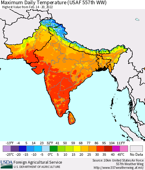 Southern Asia Maximum Daily Temperature (USAF 557th WW) Thematic Map For 2/14/2022 - 2/20/2022