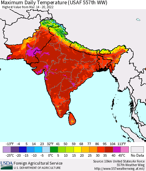 Southern Asia Maximum Daily Temperature (USAF 557th WW) Thematic Map For 3/14/2022 - 3/20/2022