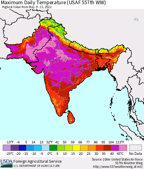 Southern Asia Maximum Daily Temperature (USAF 557th WW) Thematic Map For 5/9/2022 - 5/15/2022