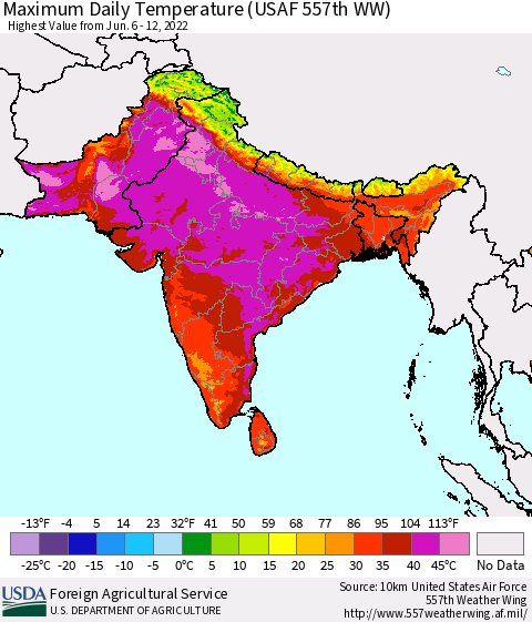 Southern Asia Maximum Daily Temperature (USAF 557th WW) Thematic Map For 6/6/2022 - 6/12/2022