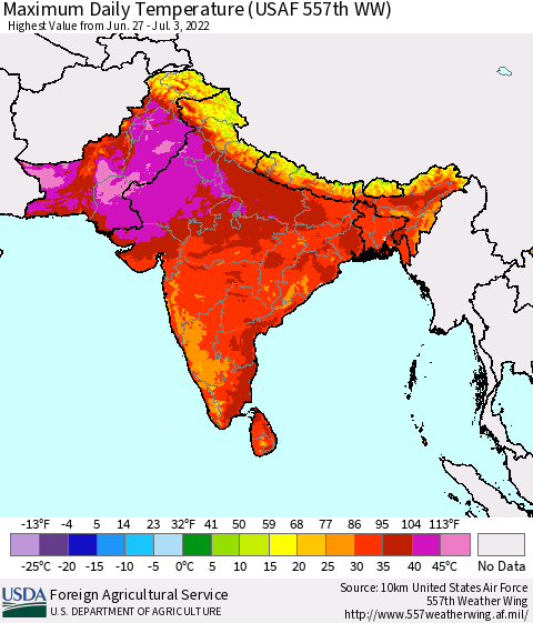 Southern Asia Maximum Daily Temperature (USAF 557th WW) Thematic Map For 6/27/2022 - 7/3/2022