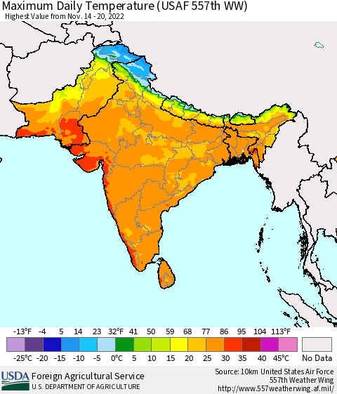 Southern Asia Maximum Daily Temperature (USAF 557th WW) Thematic Map For 11/14/2022 - 11/20/2022