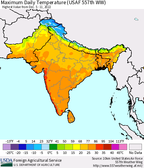 Southern Asia Maximum Daily Temperature (USAF 557th WW) Thematic Map For 12/5/2022 - 12/11/2022