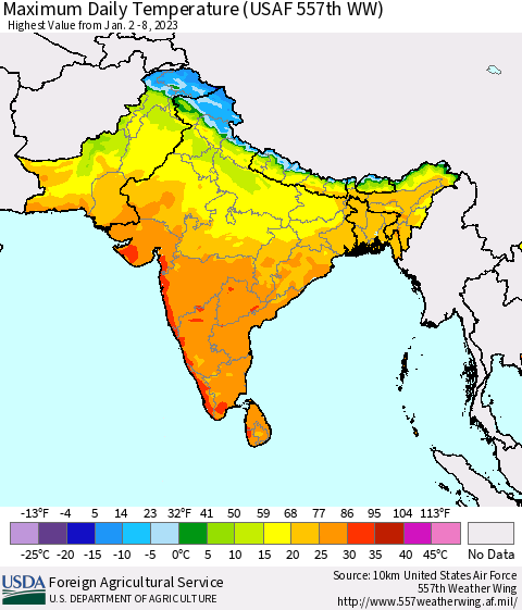 Southern Asia Maximum Daily Temperature (USAF 557th WW) Thematic Map For 1/2/2023 - 1/8/2023