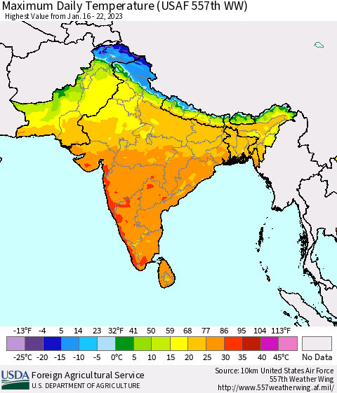 Southern Asia Maximum Daily Temperature (USAF 557th WW) Thematic Map For 1/16/2023 - 1/22/2023
