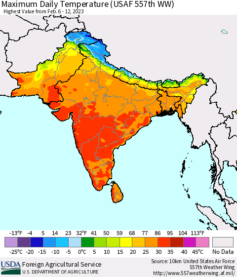 Southern Asia Maximum Daily Temperature (USAF 557th WW) Thematic Map For 2/6/2023 - 2/12/2023