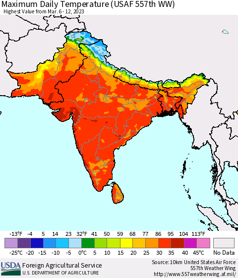 Southern Asia Maximum Daily Temperature (USAF 557th WW) Thematic Map For 3/6/2023 - 3/12/2023