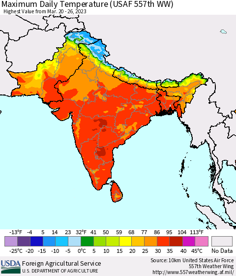 Southern Asia Maximum Daily Temperature (USAF 557th WW) Thematic Map For 3/20/2023 - 3/26/2023