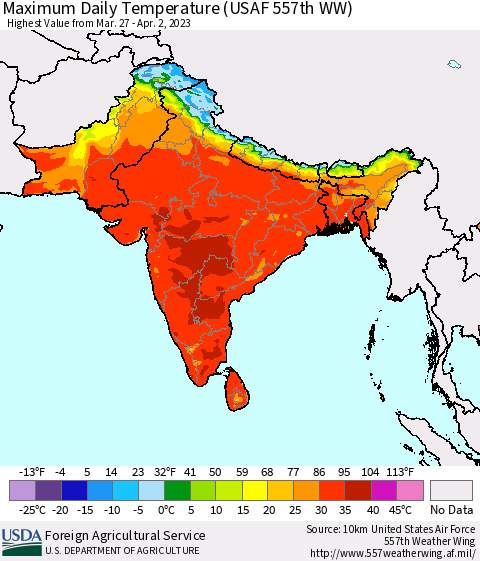 Southern Asia Maximum Daily Temperature (USAF 557th WW) Thematic Map For 3/27/2023 - 4/2/2023
