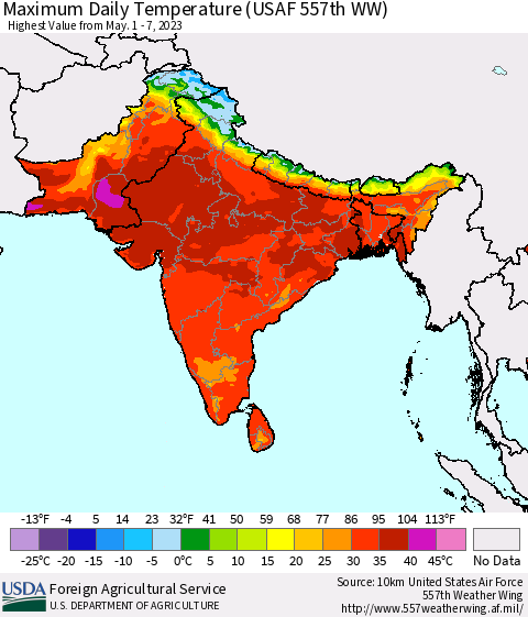 Southern Asia Maximum Daily Temperature (USAF 557th WW) Thematic Map For 5/1/2023 - 5/7/2023