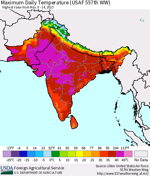 Southern Asia Maximum Daily Temperature (USAF 557th WW) Thematic Map For 5/8/2023 - 5/14/2023
