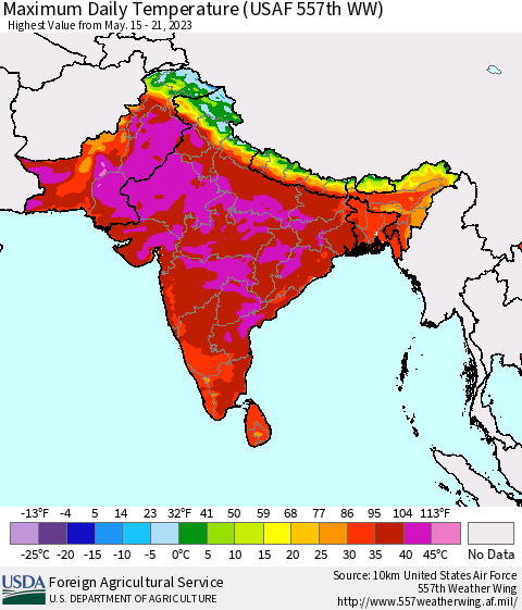 Southern Asia Maximum Daily Temperature (USAF 557th WW) Thematic Map For 5/15/2023 - 5/21/2023