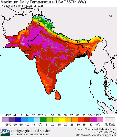 Southern Asia Maximum Daily Temperature (USAF 557th WW) Thematic Map For 5/22/2023 - 5/28/2023