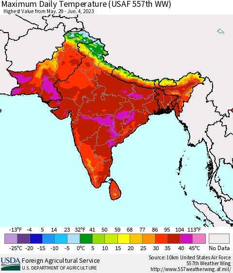Southern Asia Maximum Daily Temperature (USAF 557th WW) Thematic Map For 5/29/2023 - 6/4/2023
