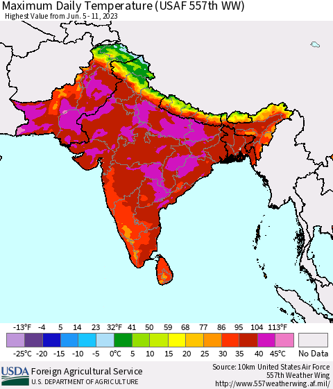 Southern Asia Maximum Daily Temperature (USAF 557th WW) Thematic Map For 6/5/2023 - 6/11/2023