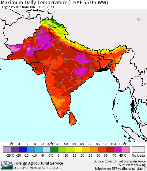 Southern Asia Maximum Daily Temperature (USAF 557th WW) Thematic Map For 6/19/2023 - 6/25/2023