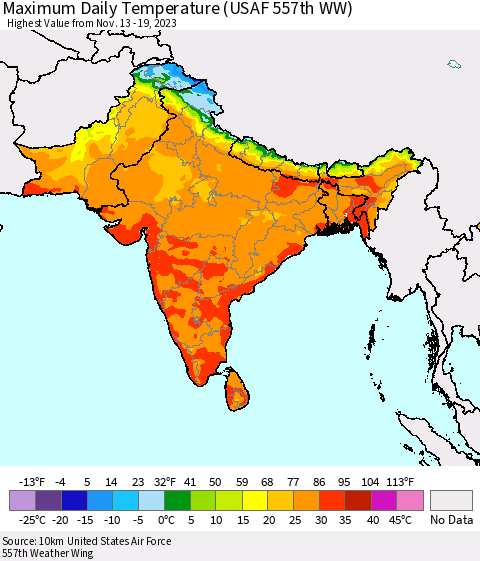 Southern Asia Maximum Daily Temperature (USAF 557th WW) Thematic Map For 11/13/2023 - 11/19/2023