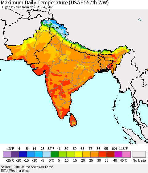 Southern Asia Maximum Daily Temperature (USAF 557th WW) Thematic Map For 11/20/2023 - 11/26/2023