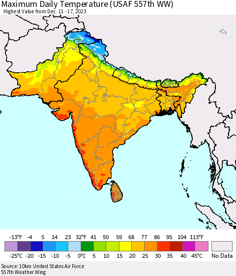 Southern Asia Maximum Daily Temperature (USAF 557th WW) Thematic Map For 12/11/2023 - 12/17/2023