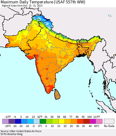 Southern Asia Maximum Daily Temperature (USAF 557th WW) Thematic Map For 12/25/2023 - 12/31/2023