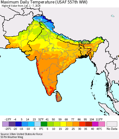 Southern Asia Maximum Daily Temperature (USAF 557th WW) Thematic Map For 1/1/2024 - 1/7/2024