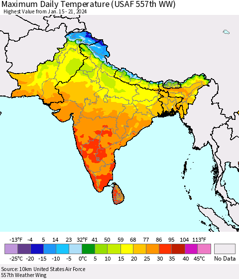 Southern Asia Maximum Daily Temperature (USAF 557th WW) Thematic Map For 1/15/2024 - 1/21/2024