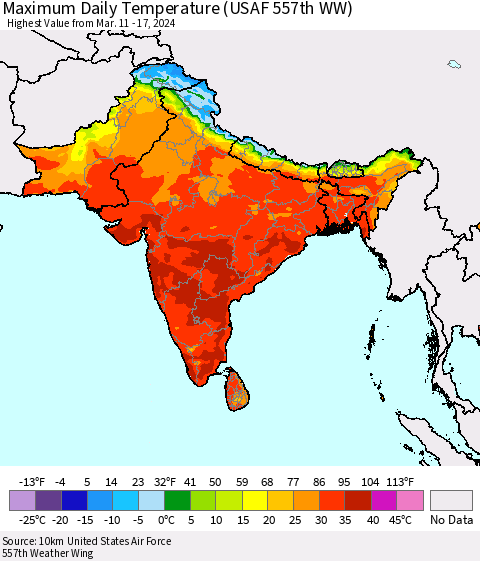 Southern Asia Maximum Daily Temperature (USAF 557th WW) Thematic Map For 3/11/2024 - 3/17/2024