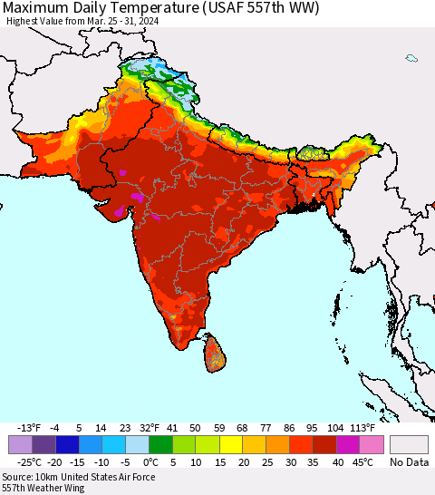 Southern Asia Maximum Daily Temperature (USAF 557th WW) Thematic Map For 3/25/2024 - 3/31/2024