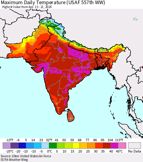 Southern Asia Maximum Daily Temperature (USAF 557th WW) Thematic Map For 4/15/2024 - 4/21/2024