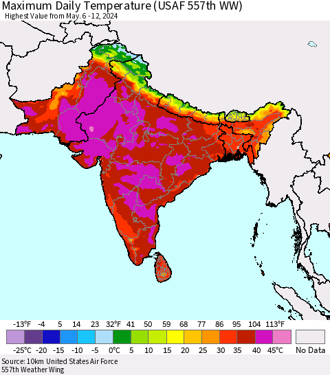 Southern Asia Maximum Daily Temperature (USAF 557th WW) Thematic Map For 5/6/2024 - 5/12/2024