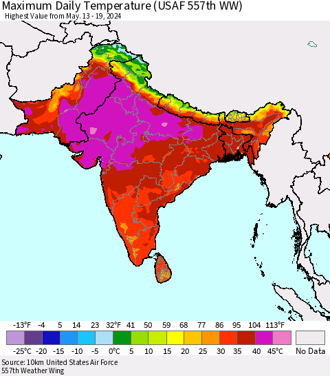 Southern Asia Maximum Daily Temperature (USAF 557th WW) Thematic Map For 5/13/2024 - 5/19/2024