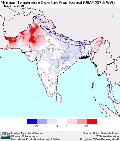 Southern Asia Mean Minimum Temperature Departure from Normal (USAF 557th WW) Thematic Map For 1/1/2018 - 1/7/2018